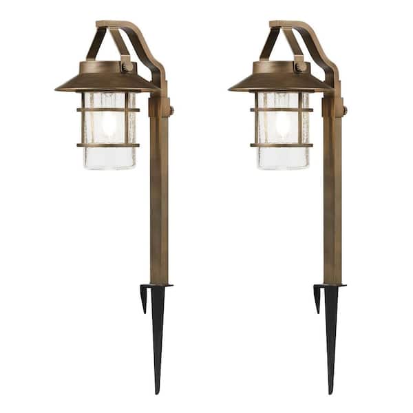 Hampton Bay PINEHURST Solar Bronze LED Path Light Shepherds Hook 10 Lumens Vintage Bulb Seedy Glass (2-Pack)