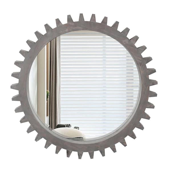 Unbranded 26 in. W. x 26 in. H Round Gear Shape Framed Wall-Mounted Decorative Mirror in Black Brown