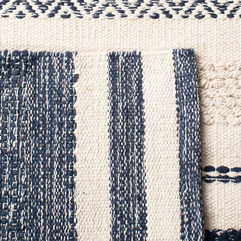 Ivory and Navy Handwoven Wool-Cotton Blend 6' x 9' Kilim Stripe Rug