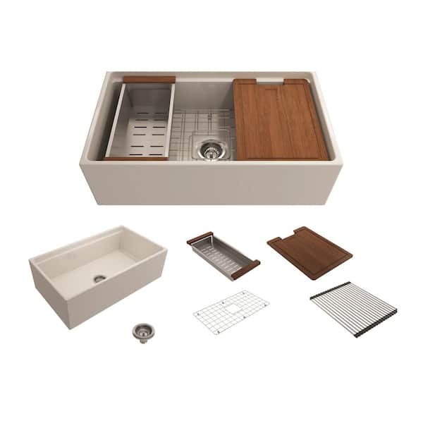 BOCCHI Step-Rim Biscuit Fireclay 33 in. Single Bowl Farmhouse Apron Front Workstation Kitchen Sink with Accessories