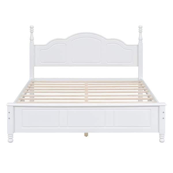 White Wood Frame Queen Size Platform Bed with Retro Style Headboard