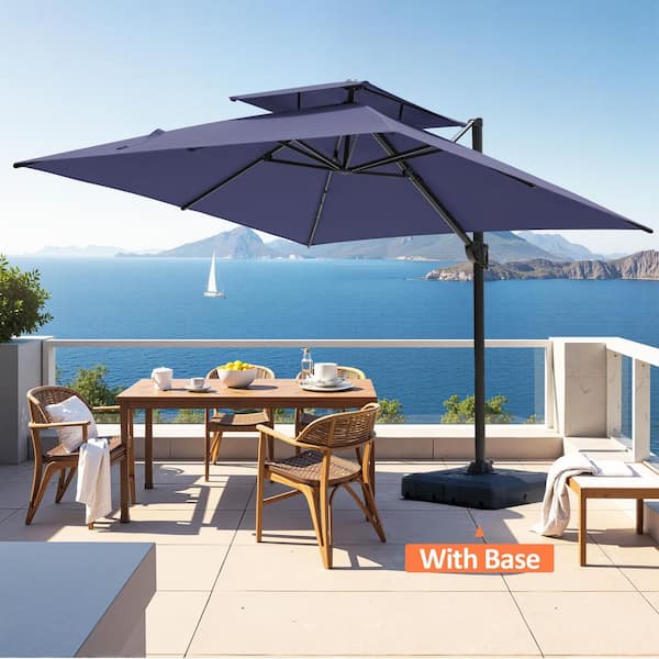 Pellebant 10 ft. x 10 ft. Double Top 360° Rotation Aluminum Cantilever Tilt Outdoor Patio Umbrella in Navy Blue with 260 lbs. Base