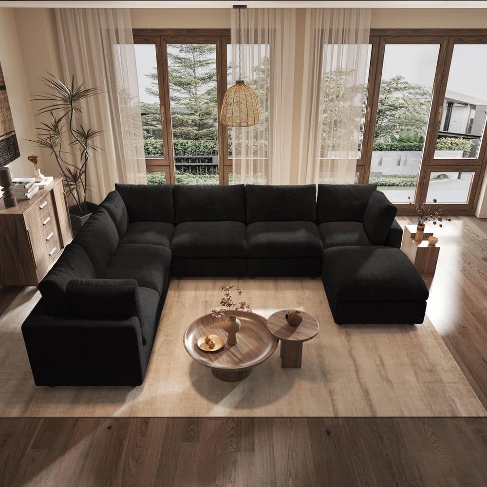 132 in. Square Arm Chenille 7-piece L-Shaped Sectional Sofa with Ottoman, Removable Cover For Living Room Couch in Black