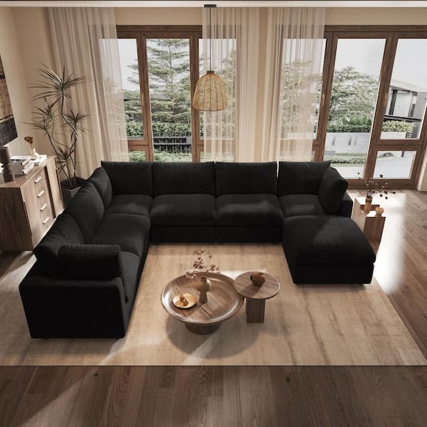 132 in. Square Arm Chenille 7-piece L-Shaped Sectional Sofa with Ottoman, Removable Cover For Living Room Couch in Black
