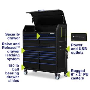 56 in. W x 24 in. D 17-Drawer Tool Chest and Cabinet Combo with Power and USB Outlets in Black and Blue