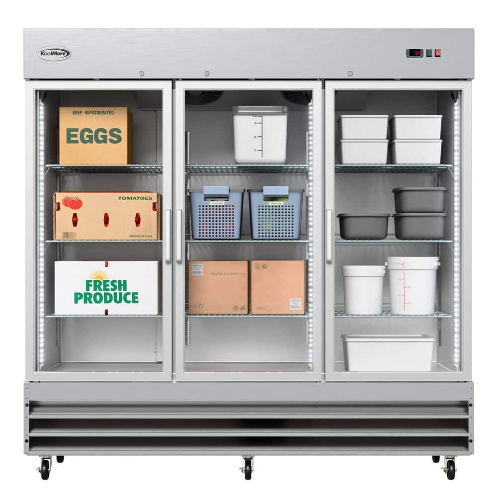 81 in. 72 cu. ft. Commercial 3-Glass Door Reach In Refrigerator in Stainless Steel