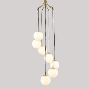 40 Watt 7 Light Gold Finished Shaded Pendant Light with Milk glass Glass Shade and No Bulbs Included