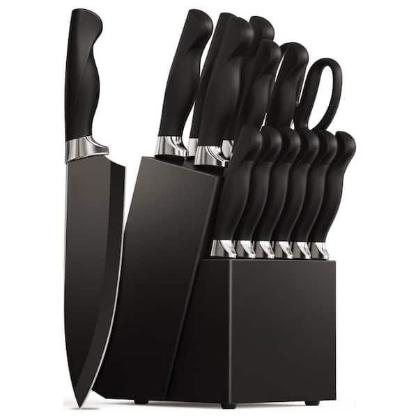 15-Piece Kitchen Knife Set with Built-in Sharpener Block, Dishwasher Safe German Stainless Steel Knife Block Set, Black