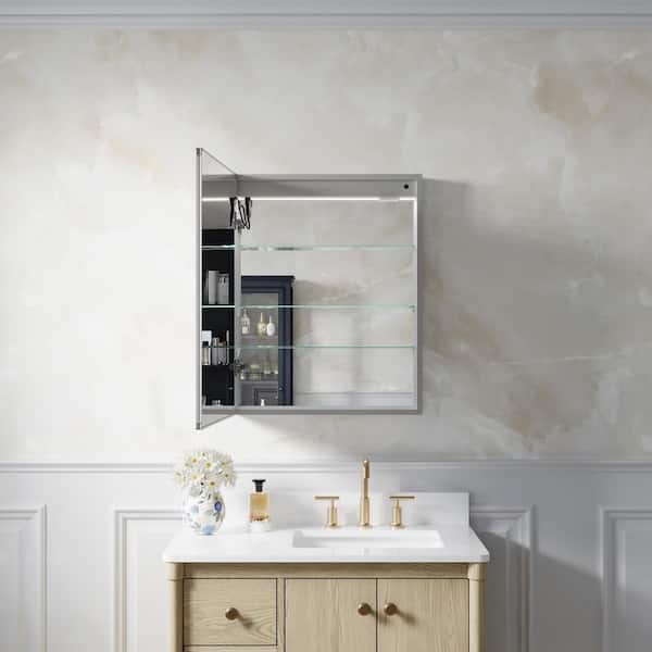 24.01 in. W x 30 in. H Rectangular Recessed/Surface Mount Left LED Medicine Cabinet, Mirror Defogger,Dimmer,Outlets,USB