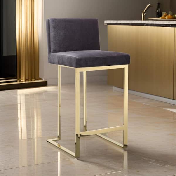 Benjara 26 in. Gray and Gold Low Back Metal Frame Bar Stool with Velvet Seat