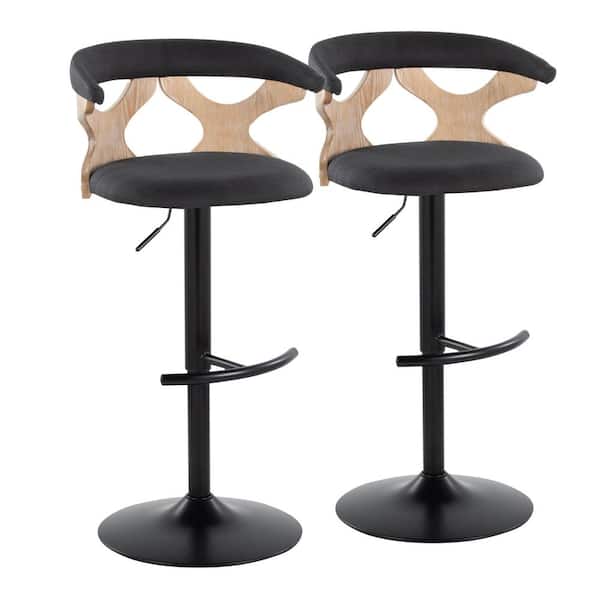 Lumisource Gardenia 32.5 in. Charcoal Fabric, White Washed Wood and Black Metal Adjustable Bar Stool (Set of 2)