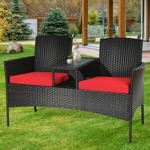 1-Piece Modern PE Rattan Wicker Patio Conversation Set with Built-in Coffee Table and Red Cushions