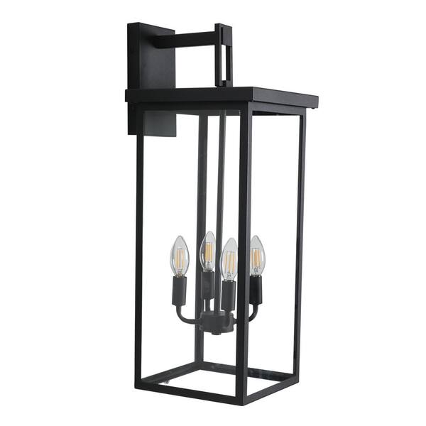 Keazile Voban 30 in. 4-Light Matte Black Hardwired Outdoor Wall Light Lantern with Clear Glass and Rust Prevention