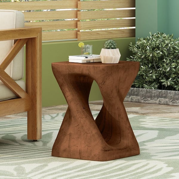 Antique Brown Square Top MGO Concrete Outdoor Side Table with Twist Shape and Wood-like Texture
