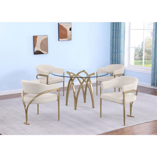 Best Quality Furniture Bayton 5-Piece Clear Tempered Glass Top Brushed Matte Gold Chrome-Plated Base Dining Set With 4-Cream Color Chairs