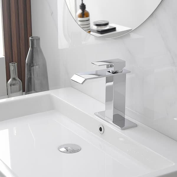 Waterfall Single Hole Single-Handle Low-Arc Bathroom Faucet With Supply Line and Escutcheon in Polished Chrome