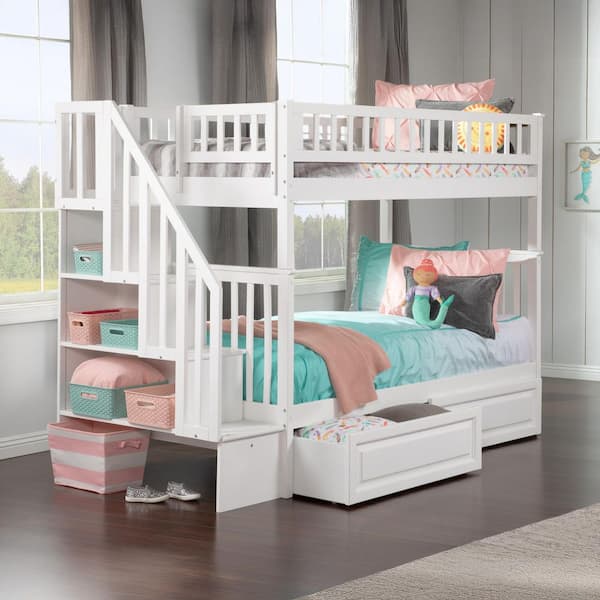 AFI Woodland Staircase Bunk Bed Twin over Twin with 2 Raised Panel Bed Drawers in White