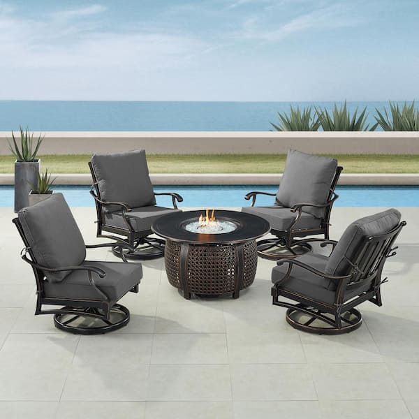 Oakland Living Black 5-Piece Aluminum Patio Fire Table Set with Black Cushions