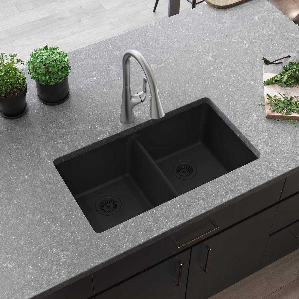 Matte Black Quartz Double Bowl Undermount Kitchen Sink