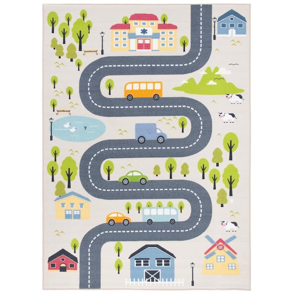 Kids Playhouse Beige/Green 5 ft. x 8 ft. Machine Washable Novelty Area Rug