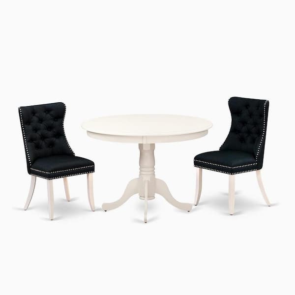 East West Furniture 3-Piece Linen White Finish Solid Wood Top-Round Upholstered Dining Room Set-Seats 4