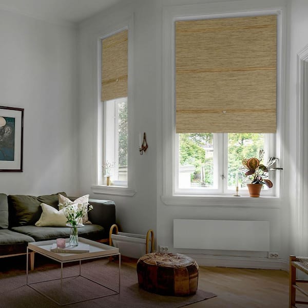 Godear Design Ocher No Drill Cordless 99.99% Blackout Natural Woven Paper and Poly Magnetic Roman Shades, 35 in. W x 65 in. L