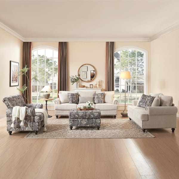 4-Pieces Chesterfield Couch Set Chenille Flora Sofa Loveseat and Armchair Living Room Set with Ottoman