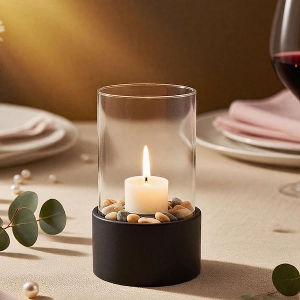 Black Metal Hurricane Candleholder with Decorative Stones for 2.5 in. Pillar Candles 2-Pack