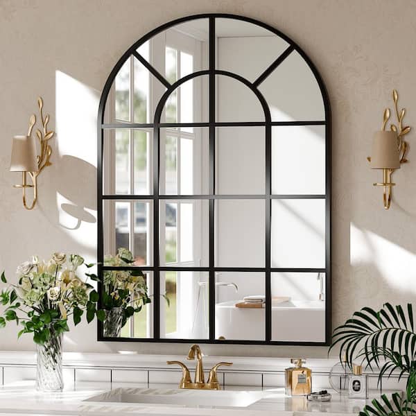 Black 30 in. W x 40 in. H Arched Windowpane Aluminum Alloy Framed Mirror Wall Mirror