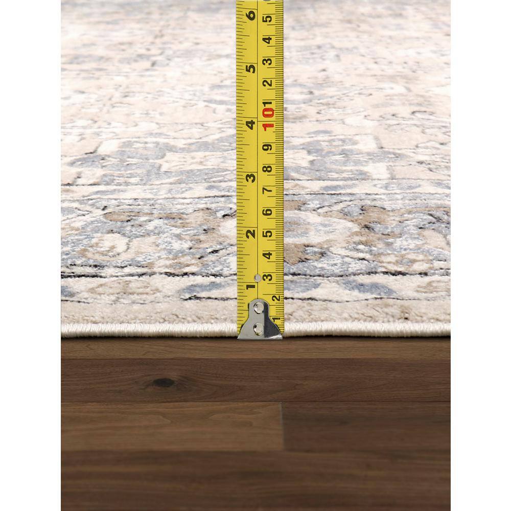 Beige and Blue 6' Square Stain-Resistant Synthetic Area Rug