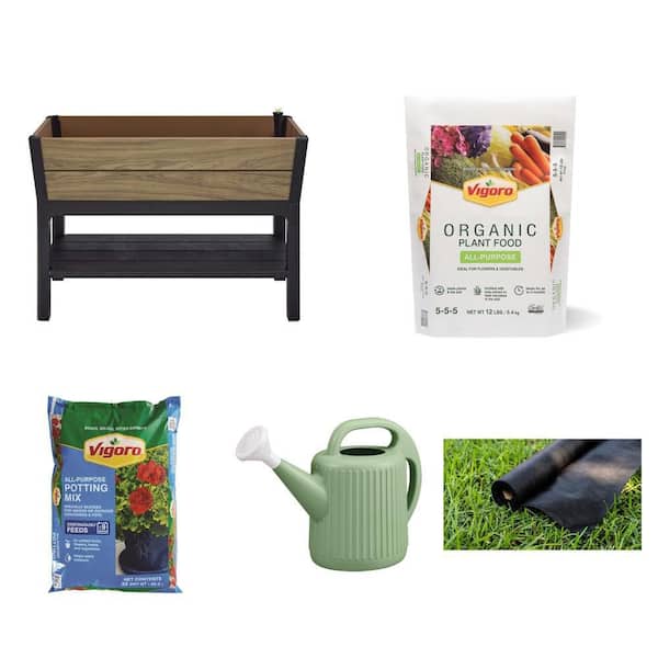 Oak Vinyl Resin Garden Bed (44 in. x 18 in. x 31 in.) with Plant Food, Soil, Can, Fabric