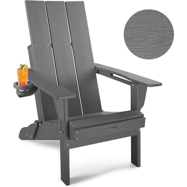 Mximu Oversized Gray HDPE Outdoor Plastic Folding Adirondack Chair with Cup Holder (Set of 1)