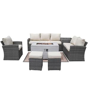 Greenland Gray 7-Piece Wicker Patio Conversation Set Firepits with Beige Cushions