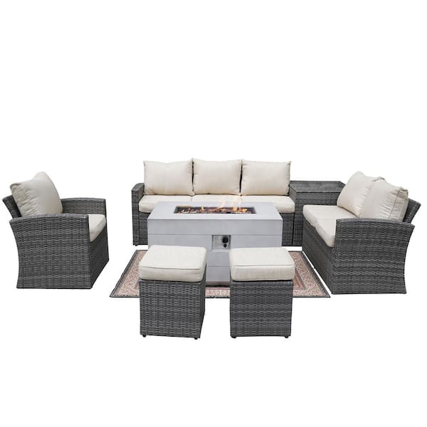 DIRECT WICKER Greenland Gray 7-Piece Wicker Patio Conversation Set Firepits with Beige Cushions