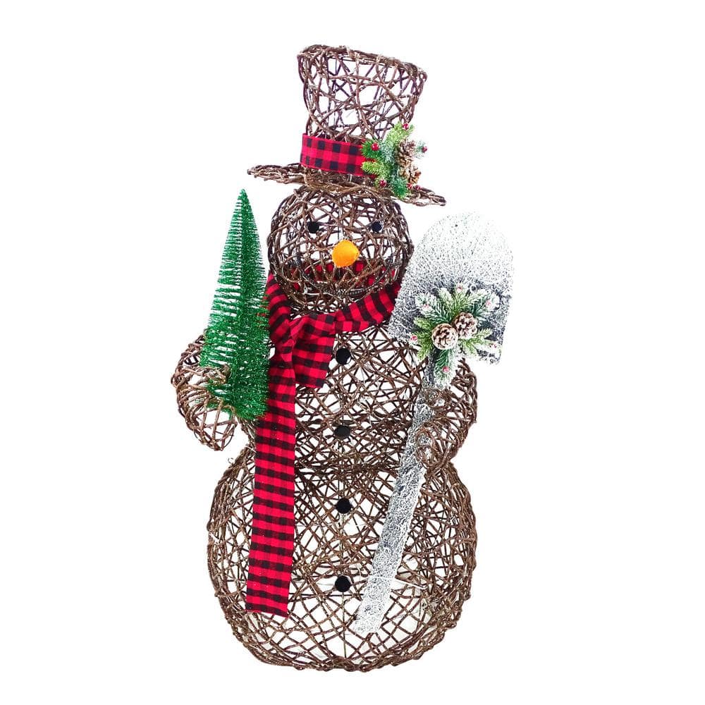 Alpine Corporation Rattan Christmas Snowman w/ Shovel & Scarf Decor, 60 Warm White LED Lights, Indoor/Outdoor Holiday Decoration w/ Stakes