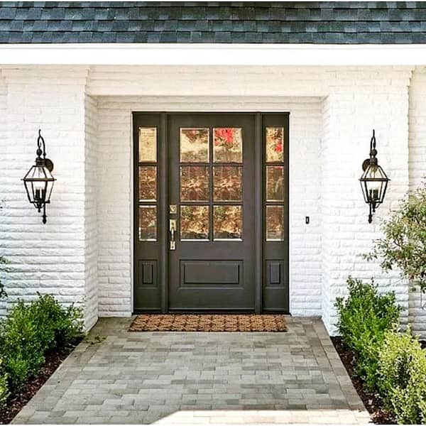 64 in. x 80 in. Farmhouse 3/4 Lite Clear Glass Right-Hand/Inswing Red Chestnut Stain Hemlock Prehung Front Door w/DSL