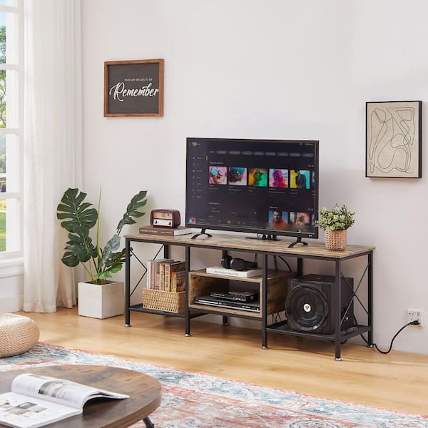 VECELO TV Stand with Power Outlets, Gray TV Console for 65 in. Industria Media Entertainment Center with Charging Station