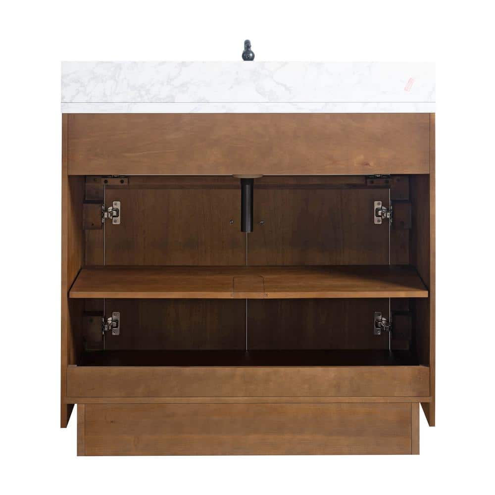 36" Tan Poplar Wood Bathroom Vanity with White Marble Top