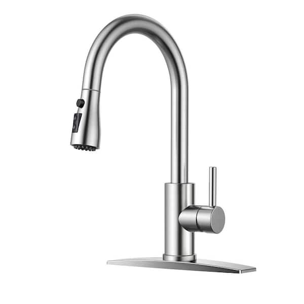 Single-Handle Pull Down Sprayer Kitchen Faucet with Deck Plate in Brushed Nickel