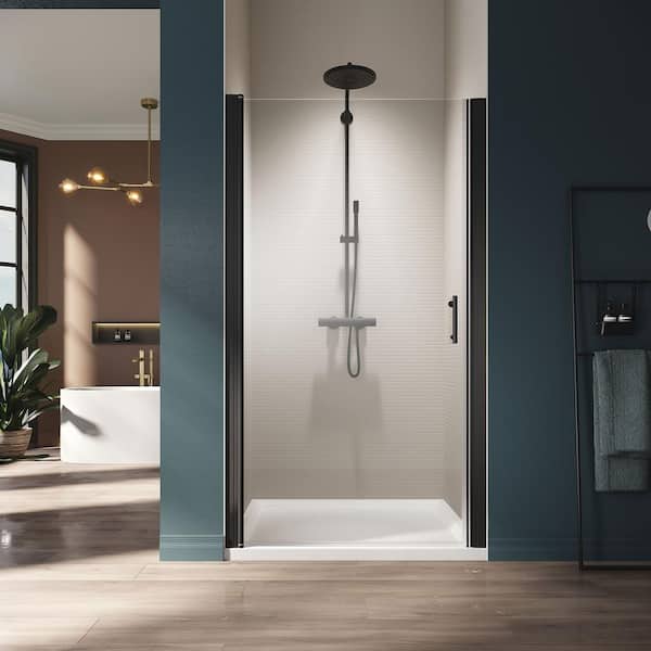 Unbranded 33 in. W x 72 in. H Semi-Frameless Pivot Shower Door with 1/4 in. Clear Tempered Glass in Matte Black Finish