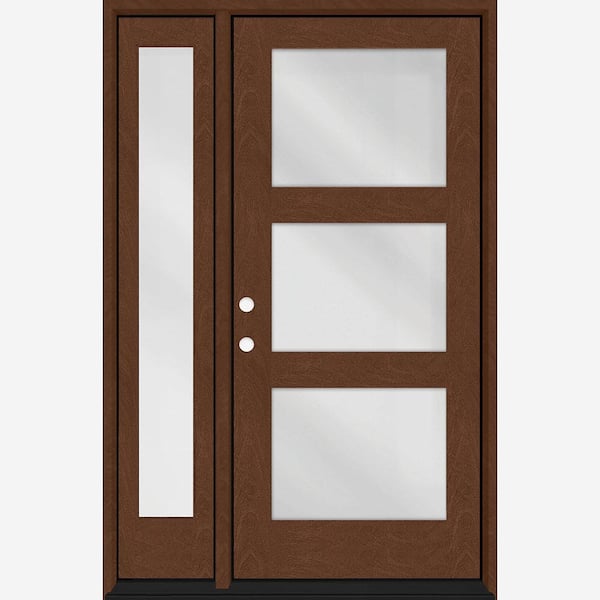 Steves & Sons Regency 53 in. x 80 in. Modern 3-Lite Equal Clear Glass RHIS Chestnut Mahogany Fiberglass Prehung Front Door 14 in. SL