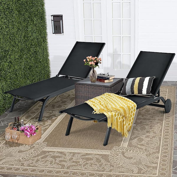 Costway Reclining Aluminum Outdoor Lounge Chair in Black (2-Pack)