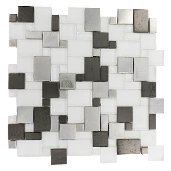 Splashback Tile Tetris Steel Ice Parisian Pattern 12 in. x 12 in. x 8 mm Mosaic Floor and Wall Tile
