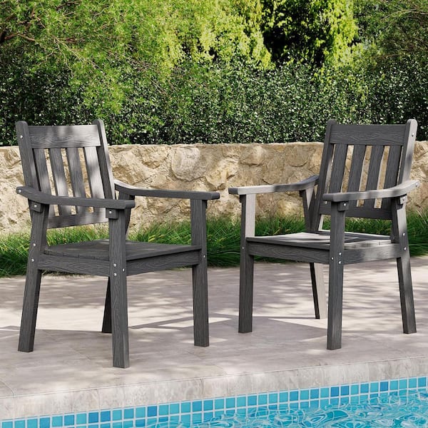 Grey Plastic Outdoor Patio Dining Chairs with Armrest (Set of 2)