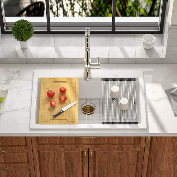 33 in.x 22 in. White Drop-in Kitchen Sink  Single Bowl Quartz/GraniteComposite Workstation Kitchen Sink w/ Accessories