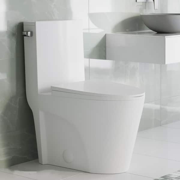 St. Tropez 1-Piece 14 in. Rough-in 1.28 GPF Left Single Flush Elongated Toilet in Glossy White