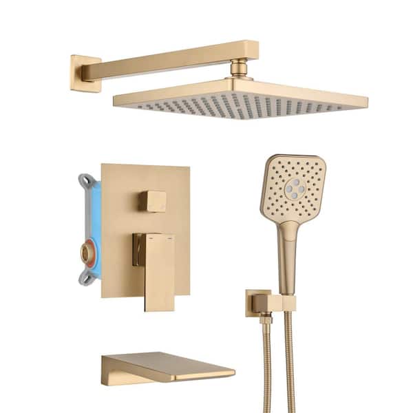 Unbranded 10 in. Single Handle 1-Spray Tub and Shower Faucet with 2 GPM with Shower Head in Brushed Gold (Valve Included)