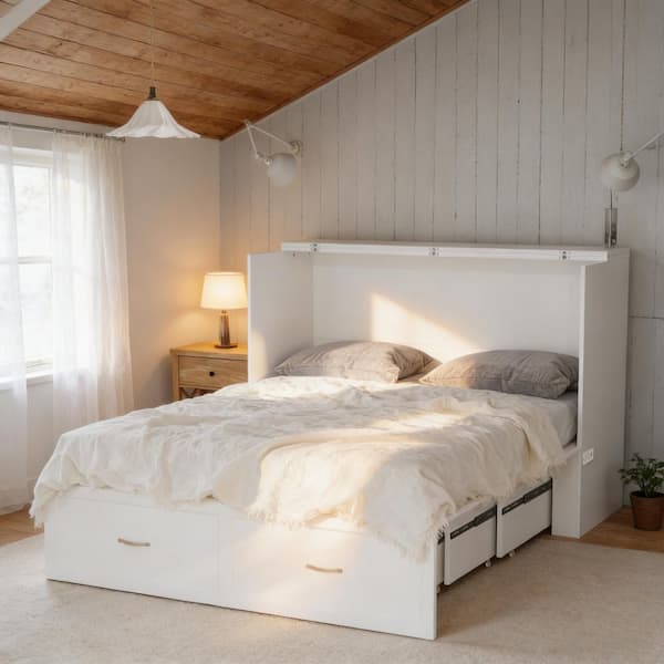 White Wood Frame Full Size Murphy Bed Chest Cabinet with 2 Storage Drawers, USB Charging Station and Wheels