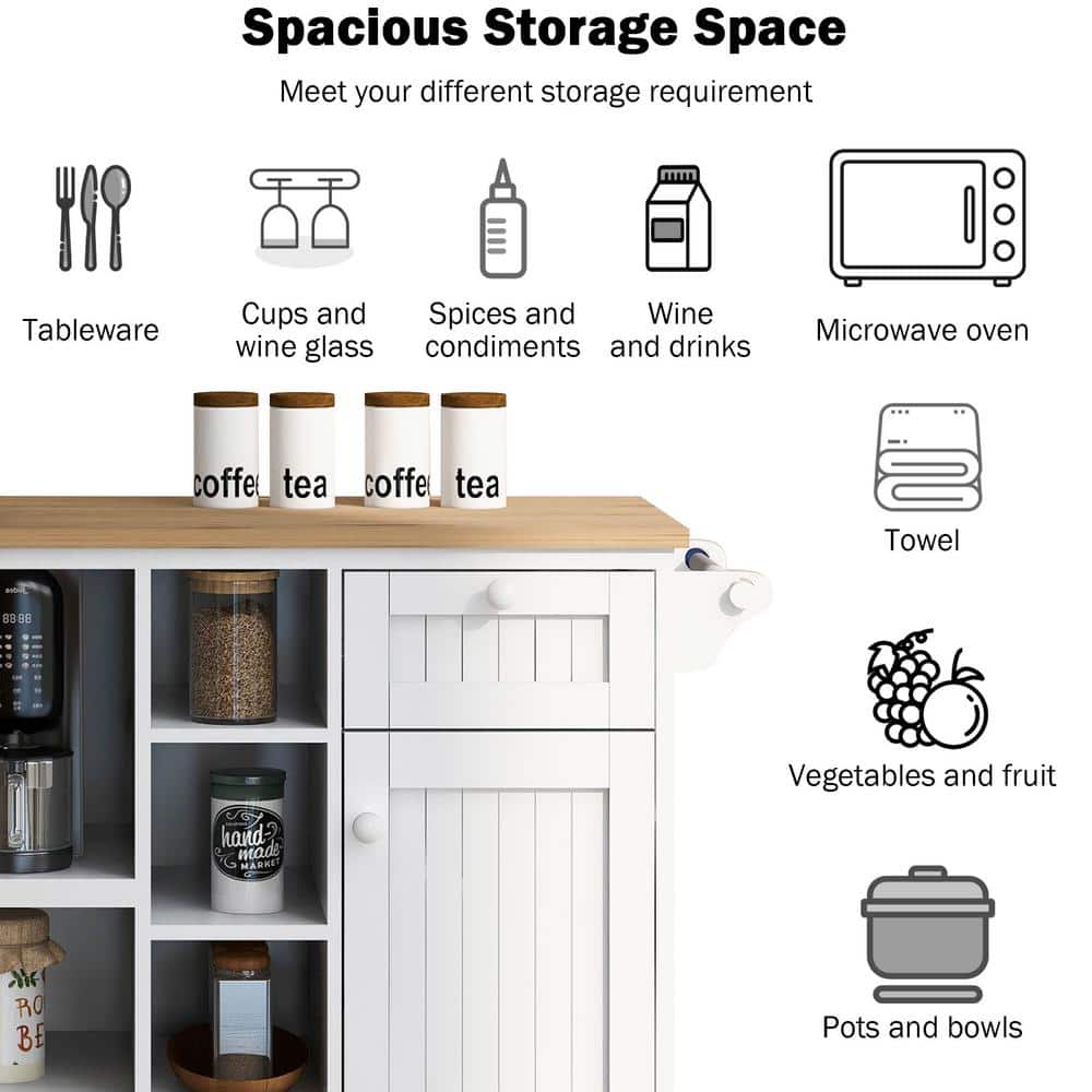 White Rectangular Wood Kitchen Cart with Spice Rack and Storage