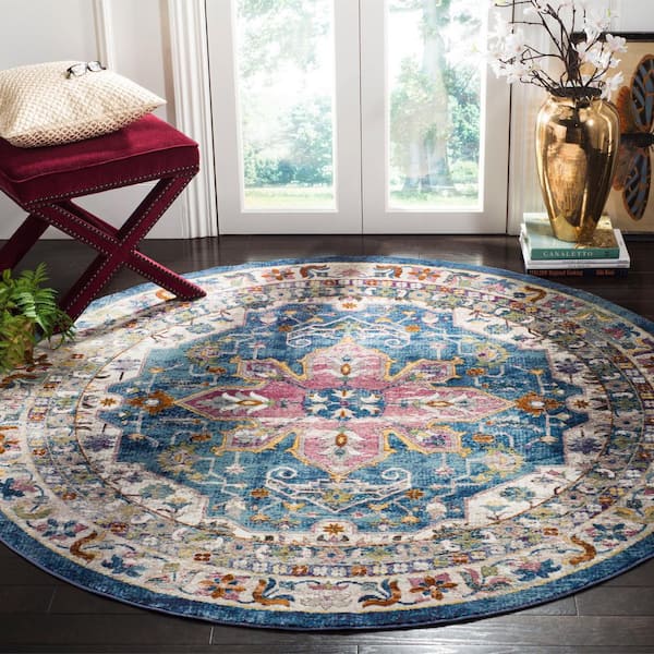 Aria Blue/Cream 6 ft. x 6 ft. Round Distressed Floral Border Area Rug